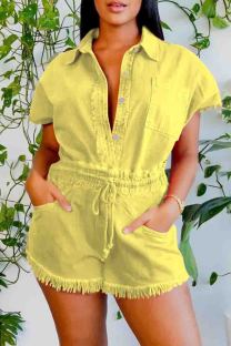 Yellow Casual Solid Color Draw String Pocket Buckle Patchwork Turndown Collar Short Sleeve Two Pieces