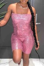 Pink Sexy Solid Color Sequins Patchwork Backless Strapless Skinny Rompers
