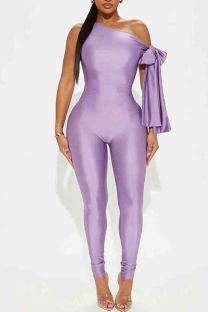 Purple Street Solid Color Patchwork Backless Strap Design Oblique Collar Skinny Jumpsuits