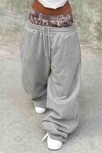 Grey Casual Print Draw String Pocket Patchwork Loose Mid Waist Wide Leg Patchwork Bottoms