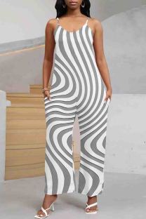 White Grey Casual Print Pocket Patchwork Backless Spaghetti Strap Loose Jumpsuits