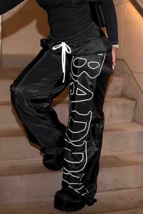 Black Casual Letters Pocket Lace Up Patchwork Loose Mid Waist Wide Leg Patchwork Bottoms
