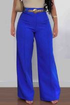 Blue Casual Solid Color Pocket Patchwork Loose High Waist Wide Leg Patchwork Bottoms