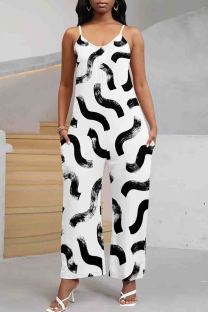 Black And White Casual Print Pocket Patchwork Backless Spaghetti Strap Loose Jumpsuits