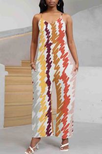 Multicolor Casual Print Pocket Patchwork Backless Spaghetti Strap Loose Jumpsuits