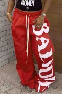 Red Casual Letters Pocket Lace Up Patchwork Loose Mid Waist Wide Leg Patchwork Bottoms