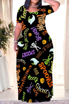 Black Casual Daily Graffiti Print Letters Contrast O Neck A Line Plus Size Dresses