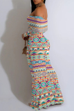 Multicolor Sexy Floral Print Stripe Contrast Off Shoulder One Step Skirt Dresses
