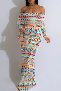 Multicolor Sexy Floral Print Stripe Contrast Off Shoulder One Step Skirt Dresses