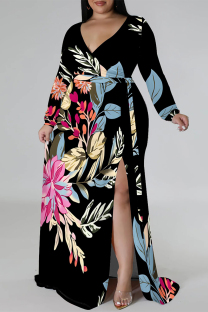 Blue Black Elegant Geometric Print Flowers Faux Denim Print Lace Up Slit Contrast V Neck Printed Plus Size Dresses
