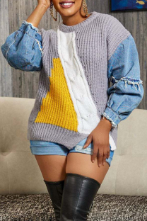 Grey Casual Ripped Patchwork Contrast O Neck Tops