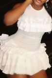 White Sexy Solid Color Patchwork Ruched O Neck Wrapped Skirt Dresses