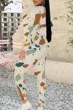 Apricot Casual Street Geometric Print Contrast O Neck Long Sleeve Two Pieces