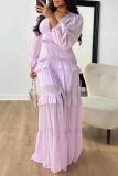 Rose Red Elegant Solid Color Patchwork Slit Deep V Neck Long Dresses
