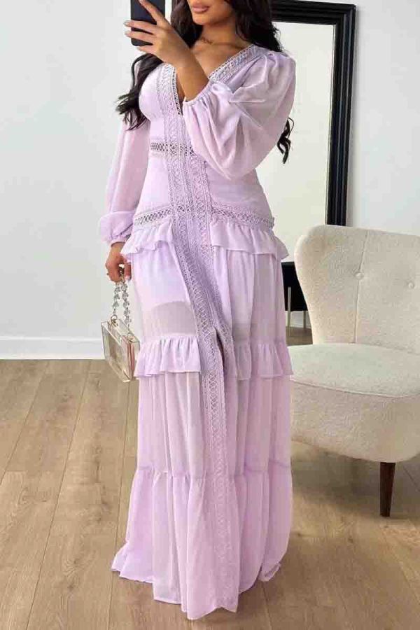 Light Purple Elegant Solid Color Patchwork Slit Deep V Neck Long Dresses