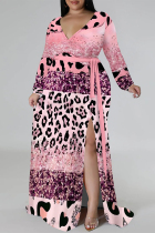 Pink Elegant Geometric Print Flowers Faux Denim Print Lace Up Slit Contrast V Neck Printed Plus Size Dresses