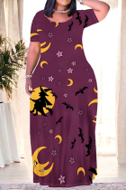 Purple Casual Daily Graffiti Print Letters Contrast O Neck A Line Plus Size Dresses