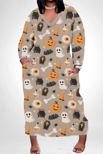 Khaki Casual Skull Head Graffiti Print Pocket Contrast V Neck Printed Plus Size Dresses