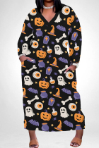 Black Casual Skull Head Graffiti Print Pocket Contrast V Neck Printed Plus Size Dresses