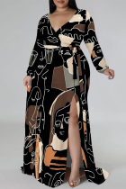 Black Elegant Geometric Print Flowers Faux Denim Print Lace Up Slit Contrast V Neck Printed Plus Size Dresses