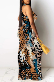 Multicolor Sexy Colorblock Chain print Contrast O Neck One Step Skirt Dresses