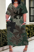 Camouflage Casual Street Camouflage Print Letters Pocket Contrast V Neck Printed Plus Size Dresses