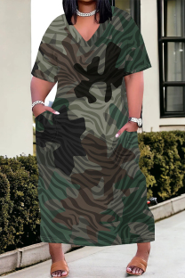 Camouflage Casual Street Camouflage Print Letters Pocket Contrast V Neck Printed Plus Size Dresses