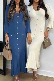 Blue Elegant Solid Color Buckle Patchwork V Neck Long Dresses