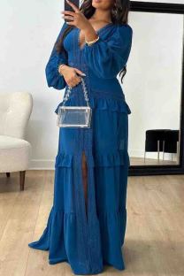 Dark Blue Elegant Solid Color Patchwork Slit Deep V Neck Long Dresses