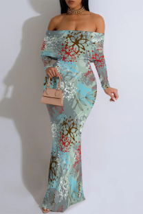 Baby Blue Sexy Floral Print Stripe Contrast Off Shoulder One Step Skirt Dresses