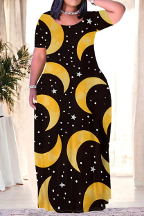Black Yellow Casual Daily Graffiti Print Letters Contrast O Neck A Line Plus Size Dresses