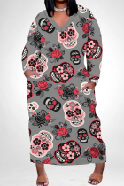 Dark Gray Casual Skull Head Graffiti Print Pocket Contrast V Neck Printed Plus Size Dresses