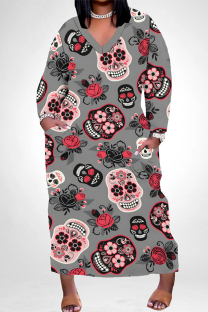 Dark Gray Casual Skull Head Graffiti Print Pocket Contrast V Neck Printed Plus Size Dresses