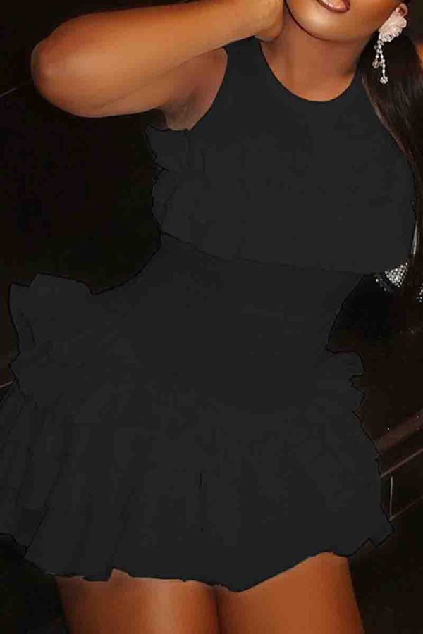 Black Sexy Solid Color Patchwork Ruched O Neck Wrapped Skirt Dresses
