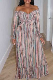 Colour Elegant Print Patchwork Backless Off Shoulder Long Dresses