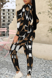 Apricot Casual Street Geometric Print Contrast O Neck Long Sleeve Two Pieces