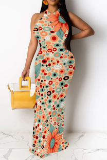 Blue Pink Sexy Colorblock Chain print Contrast O Neck One Step Skirt Dresses