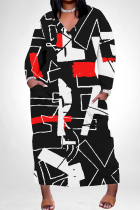 Black Casual Daily Striped Print Pocket Contrast V Neck Printed Plus Size Dresses