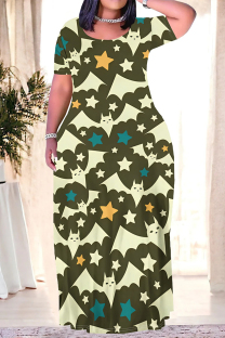 Green Casual Daily Graffiti Print Letters Contrast O Neck A Line Plus Size Dresses