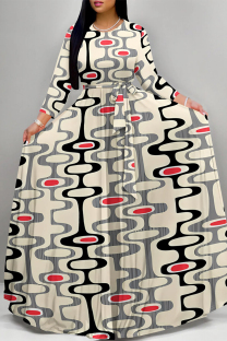 Light Khaki Casual Street Geometric Print Polka Dot Lace Up Contrast O Neck Printed Dresses