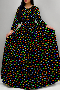 Colour Casual Street Geometric Print Polka Dot Lace Up Contrast O Neck Printed Dresses