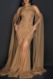 Pink Sexy Formal Solid Color Patchwork Backless Pearls Decor Hot Drill Strapless Evening Dresses