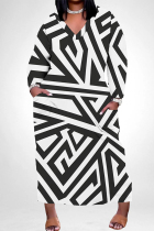 Black And White Casual Daily Striped Print Pocket Contrast V Neck Printed Plus Size Dresses
