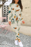Apricot Casual Street Geometric Print Contrast O Neck Long Sleeve Two Pieces