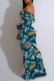 Multicolor Sexy Floral Print Stripe Contrast Off Shoulder One Step Skirt Dresses