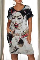 White Casual Print Pocket Patchwork O Neck Straight Dresses