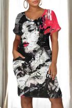 Red Casual Print Pocket Patchwork O Neck Straight Dresses