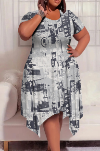 Grey Casual Print Patchwork O Neck Irregular Plus Size Dresses
