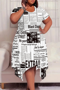 White Black Casual Newspaper printing Irregular Contrast O Neck Printed Plus Size Dresses