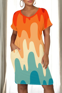 Orange Yellow Casual Print Pocket Patchwork O Neck Straight Dresses